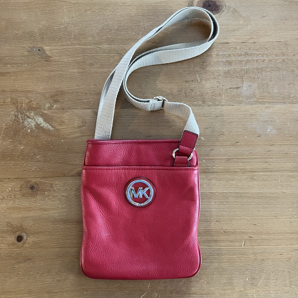 Michael Kors Red Pebbled Leather Crossbody Bag MK Logo Small Purse